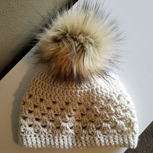 Handmade Crochet Womens Beanie W/Faux Fur Pom Pom
